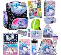 Goldkids - Schulranzen für Jungen und Mädchen, 14er-Set - Schul-Rucksack für Kinder mit Federmäppchen - Schuhbeutel Malunterlage Sammelmappe und Hausaufgabenheft - Einhorn Motiv - 1-3 Klasse