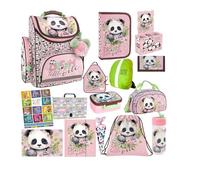 Goldkids - Schulranzen für Jungen und Mädchen, 15er-Set - Schul-Rucksack für Kinder mit Federmäppchen - Schuhbeutel Trinkflasche und Brotdose - Panda Motiv - 1-3 Klasse