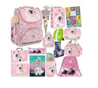 Goldkids - Schulranzen für Jungen und Mädchen, 15er-Set - Schul-Rucksack für Kinder mit Federmäppchen - Schuhbeutel Trinkflasche und Brotdose - Katze Motiv- 1-3 Klasse