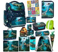 Goldkids - Schulranzen für Jungen und Mädchen, 15er-Set - Schul-Rucksack für Kinder mit Federmäppchen - Schuhbeutel Malunterlage Sammelmappe und Hausaufgabenheft - Dinosaurier Motiv - 1-3 Klasse