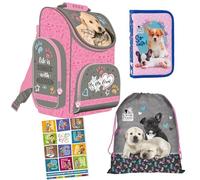 Goldkids - Schulranzen für Jungen und Mädchen, 4er-Set - Schul-Rucksack für Kinder mit Federmäppchen - Schuhbeutel und Hausaufgabenheft - Hund Dog Motiv - 1-3 Klasse