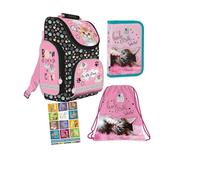 Goldkids - Schulranzen für Jungen und Mädchen, 4er-Set - Schul-Rucksack für Kinder mit Federmäppchen - Schuhbeutel und Hausaufgabenheft - Katze Motiv - 1-3 Klasse