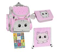 Goldkids - Schulranzen für Jungen und Mädchen, 4er-Set - Schul-Rucksack für Kinder mit Federmäppchen - Schuhbeutel und Hausaufgabenheft - Katze Motiv - 1-3 Klasse