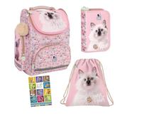 Goldkids - Schulranzen für Jungen und Mädchen, 4er-Set - Schul-Rucksack für Kinder mit Federmäppchen - Schuhbeutel und Hausaufgabenheft - Katze Motiv - 1-3 Klasse