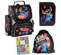 Goldkids - Schulranzen für Jungen und Mädchen, 4er-Set - Schul-Rucksack für Kinder mit Federmäppchen - Schuhbeutel und Hausaufgabenheft - Lilo und Stitch Motiv - 1-3 Klasse