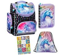 Goldkids - Schulranzen für Jungen und Mädchen, 4er-Set - Schul-Rucksack für Kinder mit Schuhbeutel Federmäppchen mit Ausstattung- Hausaufgabenheft - Einhorn Motiv - 1-3 Klasse