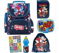 Goldkids - Schulranzen für Jungen und Mädchen, 6er-Set - Schul-Rucksack für Kinder mit Federmäppchen - Schuhbeutel und Hausaufgabenheft - Spiderman Motiv - 1-3 Klasse