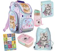 Goldkids - Schulranzen für Jungen und Mädchen, 6er-Set - Schul-Rucksack für Kinder mit Federmäppchen - Schuhbeutel und Hausaufgabenheft - Katze Motiv - 1-3 Klasse