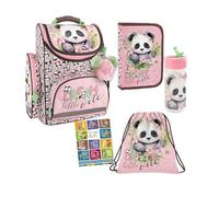 Goldkids - Schulranzen für Jungen und Mädchen, 6er-Set - Schul-Rucksack für Kinder mit Federmäppchen - Schuhbeutel Trinkflasche und Brotdose - Panda Motiv - 1-3 Klasse