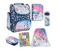 Goldkids - Schulranzen für Jungen und Mädchen, 6er-Set - Schul-Rucksack für Kinder mit Federmäppchen - Schuhbeutel Trinkflasche und Brotdose - Einhorn Motiv - 1-3 Klasse