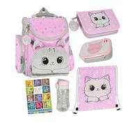 Goldkids - Schulranzen für Jungen und Mädchen, 6er-Set - Schul-Rucksack für Kinder mit Federmäppchen - Schuhbeutel Trinkflasche und Brotdose - Katze Motiv- 1-3 Klasse