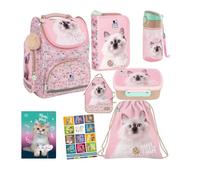 Goldkids - Schulranzen für Jungen und Mädchen, 8er-Set - Schul-Rucksack für Kinder mit Federmäppchen - Schuhbeutel Trinkflasche und Brotdose - Katze Motiv- 1-3 Klasse