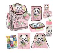Goldkids - Schulranzen für Jungen und Mädchen, 8er-Set - Schul-Rucksack für Kinder mit Federmäppchen - Schuhbeutel Trinkflasche und Brotdose - Panda Motiv - 1-3 Klasse