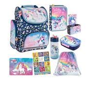 Goldkids - Schulranzen für Jungen und Mädchen, 8er-Set - Schul-Rucksack für Kinder mit Federmäppchen - Schuhbeutel Trinkflasche und Brotdose - Einhorn Motiv - 1-3 Klasse