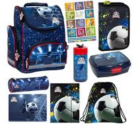 Goldkids - Schulranzen für Jungen und Mädchen, 9er-Set - Schul-Rucksack für Kinder mit Federmäppchen - Schuhbeutel Malunterlage Sammelmappe und Hausaufgabenheft - Fußball Motiv - 1-3 Klasse