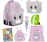 GOLDKIDS - Schulranzen für Jungen und Mädchen ab 1 Klasse - Schul-Rucksack für Kinder mit Mouse-Motiv - Federmäppchen - Schuhbeutel - Schürze Zuckertüte - Regenschutz und Hausaufgabenheft - 1-3 Klasse