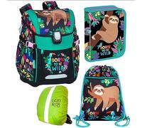 Goldkids Schulranzen Schulranzen-set Born to be wild Ranzen Kinderrucksack, Federmappe, Schuhbeutel, Regenschutz Motivdruck Faultier 4-teilig