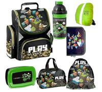 Goldkids Schulranzen Set Jungen 1. klasse 7-teilig Ranzen Tornister Schulrucksack Federmappe Turnbeutel Turnsack Brotdose Trinkflasche Sporttasche Regenschutz Game Pixel Motiv mäppchen
