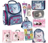 Goldkids Schulranzen Set XXL 11 Teile Katze Cat Motiv Ranzen Federmappe Turnbeutel Brotdose Trinkflasche Sporttasche Zuckertüte Aktenmappe Tischunterlage Sammelmappe Aufgabenheft