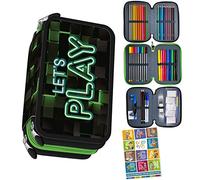 Goldkids St. Right XXL Federtasche Federmappe Federmäppchen 46-teilig gefüllte Schüleretui 3-stöckig 19 x 13 x 7 cm inkl. Hausaufgabenheft Dark Game