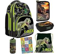 Goldkids T-Rex Dinosaurier 6er Set Schulranzen Ranzen Tornister Federmappe Turnbeutel Trinkflasche Brotdose Aufgabenheft für die Grundschule ab der erste Klasse