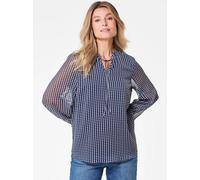 Chiffonbluse GOLDNER "Bluse", Damen, Gr. 44, blau (marine, weiß, gemustert), Obermaterial: 100% Polyester PES., Manschette, Blusen Chiffonbluse, Mit femininen Rüschendetails (91558963-44) marine, weiß