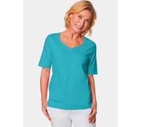 Langarm-Poloshirt GOLDNER "Halbarm Basic-Shirt aus Baumwolle", Damen, Gr. 48, blau (türkis), Obermaterial: 95% Baumwolle CO. 5% Elasthan EL., V-Ausschnitt, Tubular, Shirts, Ausschnitt in Herzform mit