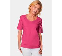 Langarm-Poloshirt GOLDNER "Halbarm Basic-Shirt aus Baumwolle", Damen, Gr. 44, pink (cyclam), Obermaterial: 95% Baumwolle CO. 5% Elasthan EL., V-Ausschnitt, Tubular, Shirts, Ausschnitt in Herzform mit