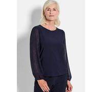 Langarmshirt GOLDNER "Kurzgröße Edles Langarmoberteil mit Glitzerärmeln", Damen, Gr. 21, blau (marine), Obermaterial: 95% Polyester PES. 5% Elasthan EL., Modisch, Shirts Langarmshirt, Chiffon-Ärmel (7