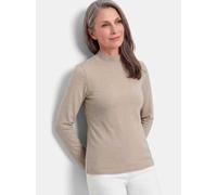 Kurzarmshirt GOLDNER "Kurzgröße Baumwollshirt mit Langarm", Damen, Gr. 21, taupe, melange, Modern, figurumspielend, hoch geschlossener Ausschnitt, Gerade, Shirts, stretchbequemer Baumwolljersey (56866