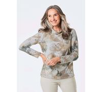 Kurzarmshirt GOLDNER "Kurzgröße Elegantes Langarmshirt mit Foliendruck", Damen, Gr. 23, grau (grau, melange), Obermaterial: 60% Polyester PES. 35% Baumwolle CO. 5% Elasthan EL., Gerade, Shirts, Seiten