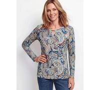 Print-Shirt GOLDNER "Paisleyshirt mit Schmuckdetail", Damen, Gr. 54, bunt (camel, hellblau, gemustert), Modern, sehr figurbetont, Rundhals, Gerade, Shirts, Zierteil am Ausschnitt (14118625-54) camel,