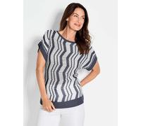 Rundhalspullover GOLDNER "Halbarmpullover mit Lochstruktur", Damen, Gr. 50, blau (marine, gemustert), Obermaterial: 76% Polyacryl PAN. 24% Baumwolle CO., figurumspielend, U-Boot-Ausschnitt, Rippe, Pul