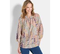 Schlupfbluse GOLDNER "Luftige Patch-Druck-Bluse mit 3/4-Arm", Damen, Gr. 48, beige (stein, gemustert), Obermaterial: 90% Viskose CV. 10% Polyamid PA., figurumspielend, Blusen Schlupfbluse, Bindebändch