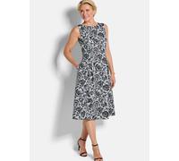 Sommerkleid GOLDNER "Elegantes Jerseykleid mit Faltenrock", Damen, Gr. 52, N-Gr, schwarz (schwarz, weiß, gemustert), Obermaterial: 87% Polyester PES. 13% Elasthan EL., figurumspielend, Kleider Sommerk