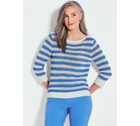Strickpullover GOLDNER "Halbarm Streifenstrick-Pullover", Damen, Gr. 44, weiß (weiß, blau, gemustert), Obermaterial: 50% Baumwolle CO. 50% Polyacryl PAN., gerade, Rippe, Pullover Strickpullover, Rippe
