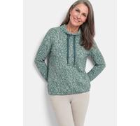 Sweatshirt GOLDNER "Sweater mit grafischem Druck", Damen, Gr. 44, grün (graugrün, gemustert), Modern, lässig geschnitten, hoch geschlossener Ausschnitt, Gerade, Sweatshirts Sweatshirt, Tunnelzug im St