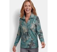 Sweatshirt GOLDNER "Troyer mit glänzendem Print", Damen, Gr. 50, grün (graugrün, gemustert), Obermaterial: 60% Polyester PES. 35% Baumwolle CO. 5% Elasthan EL., Gerade, Sweatshirts Sweatshirt, Tunnelz