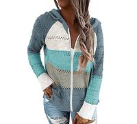 GOLDPKF Long Pullis Für Damen Pulli Strickjacke Damen Langarmshirt Oberteile Damens Hoodies Hohler Pullover Gestreift Farbanpassung Sweatshirt Hoodie Blau S 36-38
