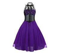 GOLDSTITCH Damen Ärmelloses Gothic Spitzenkleid mit Korsett Halfter Spitze Swing Cocktailkleid