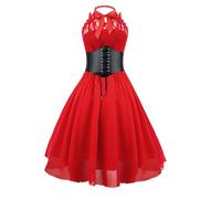 GOLDSTITCH Damen Ärmelloses Gothic Spitzenkleid mit Korsett Halfter Spitze Swing Cocktailkleid
