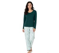 Good Deal Market Langer Damen-Pyjama Gr. S - 36/38 dunkelgrün - Hose mit gedrucktem, floralem Alloverdruck jeansfarbig Schlafanzug Nachtwäsche warme leichte Baumwolle