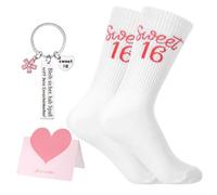 GooDengFull 1 Paar Geschenke für 16 Jährige Mädchen, Sweet 16 Geburtstag Mädchen Deko, Weiße Baumwollsocken 35-37 mit Karte Schlüsselanhänger und Beutel Geburtstagsgeschenk Sportsocken Deko
