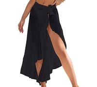 goodluxx Sexy Strand-Sarong-Pareo für Damen, lang, halbdurchsichtig, Rüschenbesatz, seitliche Bindebänder, Wickelrock für Bademode, Damen, Sarongs, Wickelrock, Schwarz