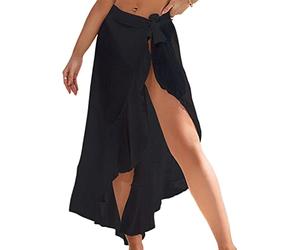 goodluxx Sexy Strand-Sarong-Pareo für Damen, lang, halbdurchsichtig, Rüschenbesatz, seitliche Bindebänder, Wickelrock für Bademode, Damen, Sarongs, Wickelrock, Schwarz