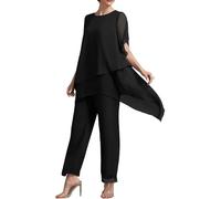 Goolecrimp 2-teiliges Abendkleid-Set aus Chiffon für die Mutter der Braut für Damen elegantes Chiffon-Hemd und hoch taillierte Hose zweiteiliges Abendkleid-Set in großer Größe (Schwarz,XXL)