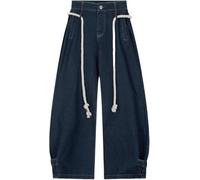 Goolecrimp Aelfric Eden Barrel Jeans for Women Baggy Wide Leg Jeans Casual Drawstring Waist Denim Pants Trouser (Blue,S)
