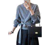 Goolecrimp Damen Frühlingsmode Kurzer V-Ausschnitt Wickelpullover Strick Taillenbund V-Ausschnitt Lässiger Langarm Nahtlos Strick Sexy Strickpullover (Grau,Einheitsgröße)