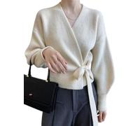 Goolecrimp Damen Frühlingsmode Kurzer V-Ausschnitt Wickelpullover Strick Taillenbund V-Ausschnitt Lässiger Langarm Nahtlos Strick Sexy Strickpullover (Weiß,Einheitsgröße)