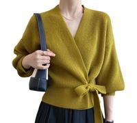 Goolecrimp Damen Frühlingsmode Kurzer V-Ausschnitt Wickelpullover Strick Taillenbund V-Ausschnitt Lässiger Langarm Nahtlos Strick Sexy Strickpullover (Gelb,Einheitsgröße)